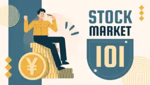 Stock market illustration with a person sitting on coins, emphasizing investing and trading.